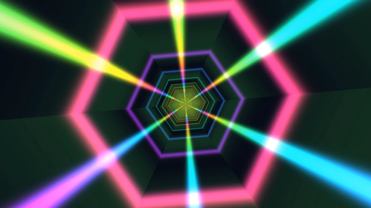 Neon Hexagonal Tunnel with Multicolor Light Beams 4K Wallpaper