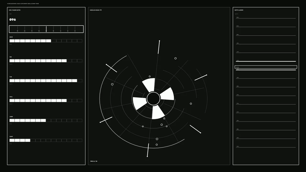 Monochrome Sonar HUD Dashboard with Circular PPI and Depth Ladder