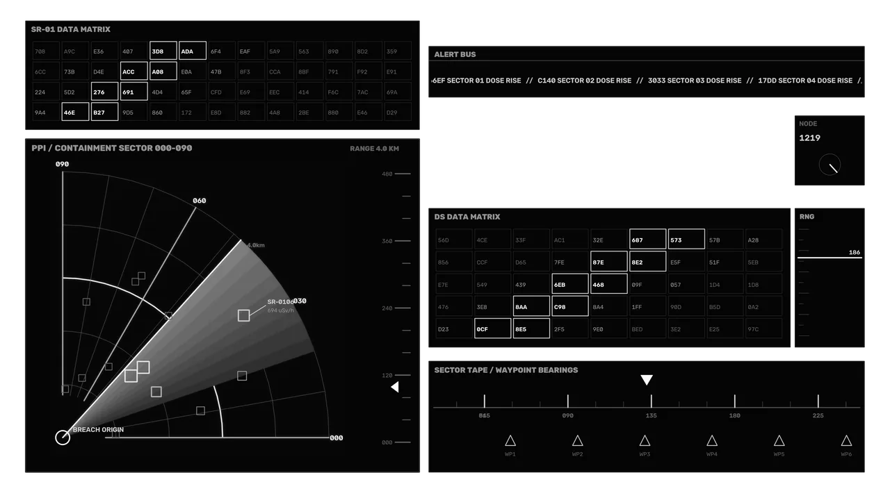 Monochrome Containment Sector Alert HUD Interface, 4K Sci-Fi Wallpaper