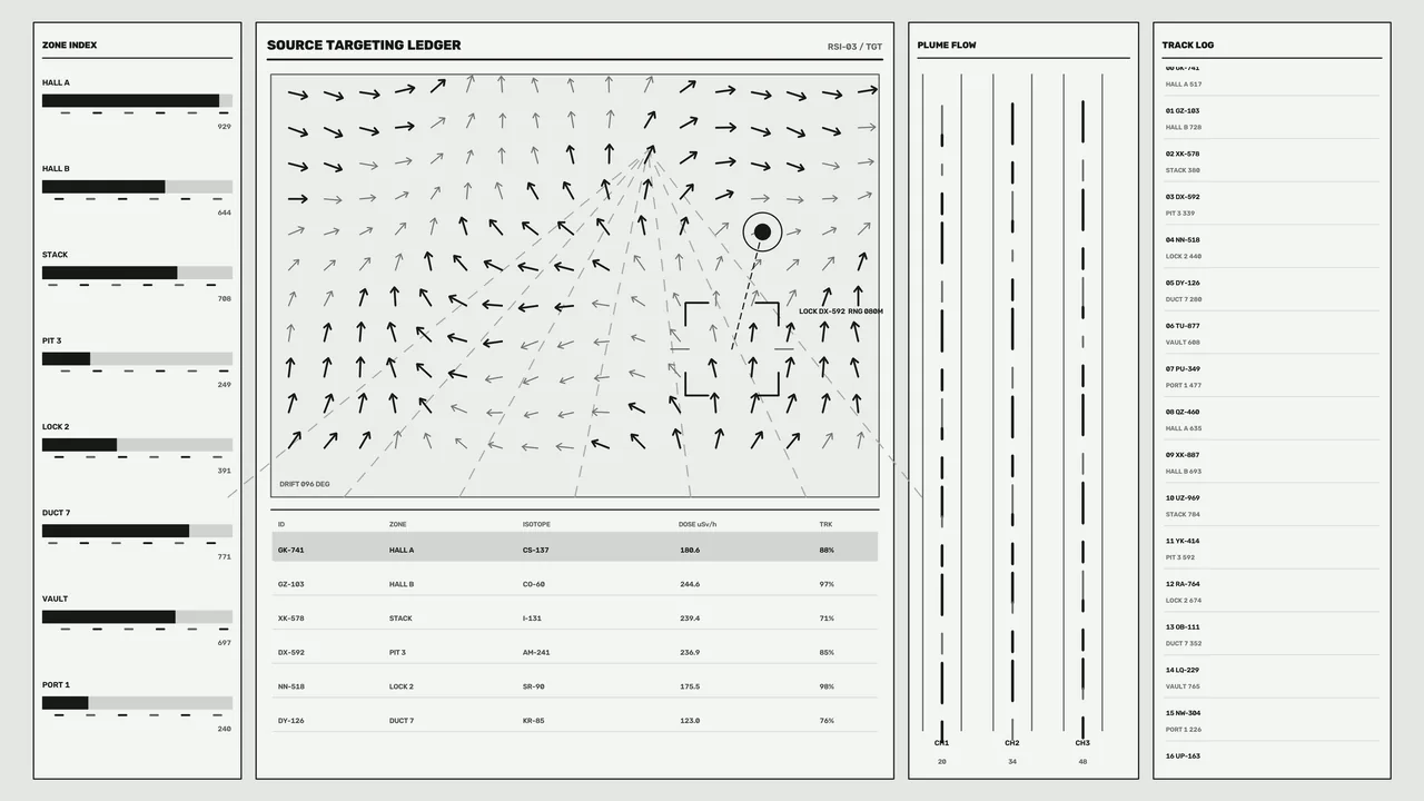 Science-Fiction Radiation Monitoring HUD with Source Targeting and Plume Flow
