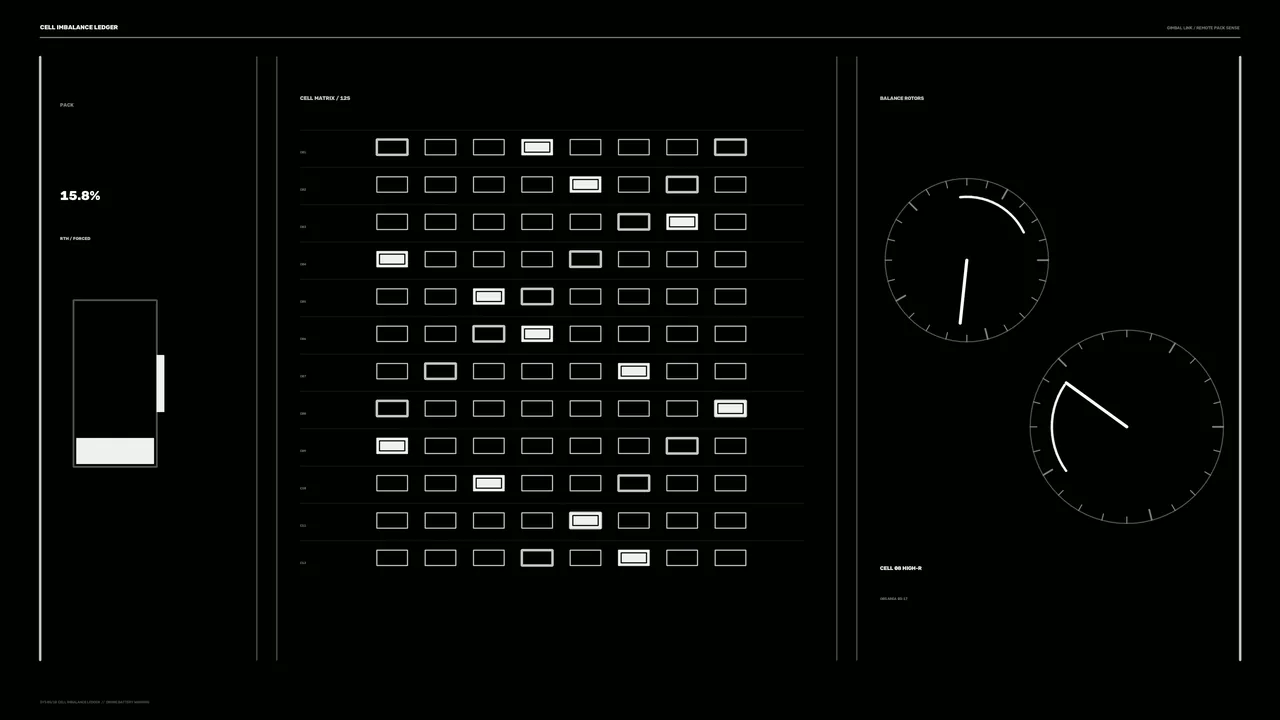 Sci-Fi Battery Status HUD with Cell Matrix and Circular Gauges 4K Wallpaper