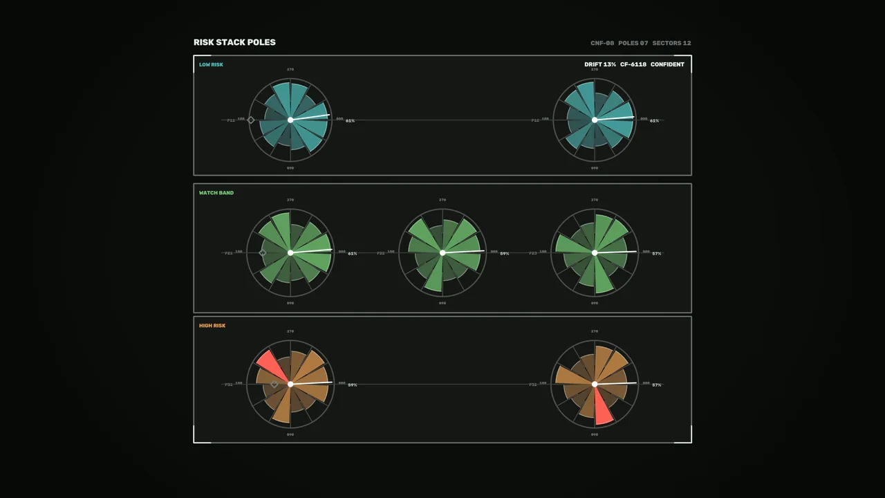 Risk Assessment HUD with Seven Radial Score Charts in Cyan, Green, Amber and Red