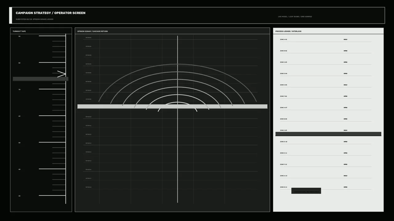 Campaign Strategy Operator HUD Dashboard – Monochrome 4K Sci-Fi Wallpaper