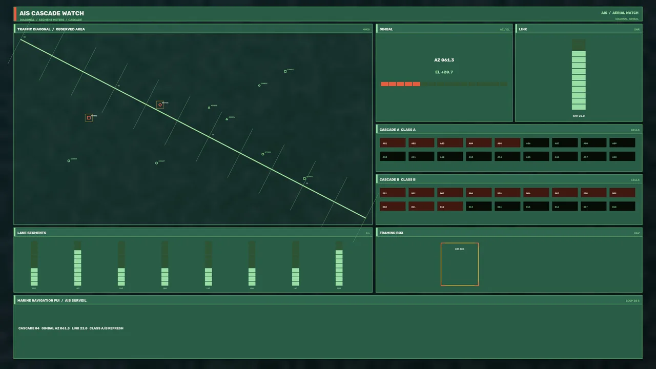 Green AIS Marine Traffic HUD with Tracking Plot and Telemetry Panels