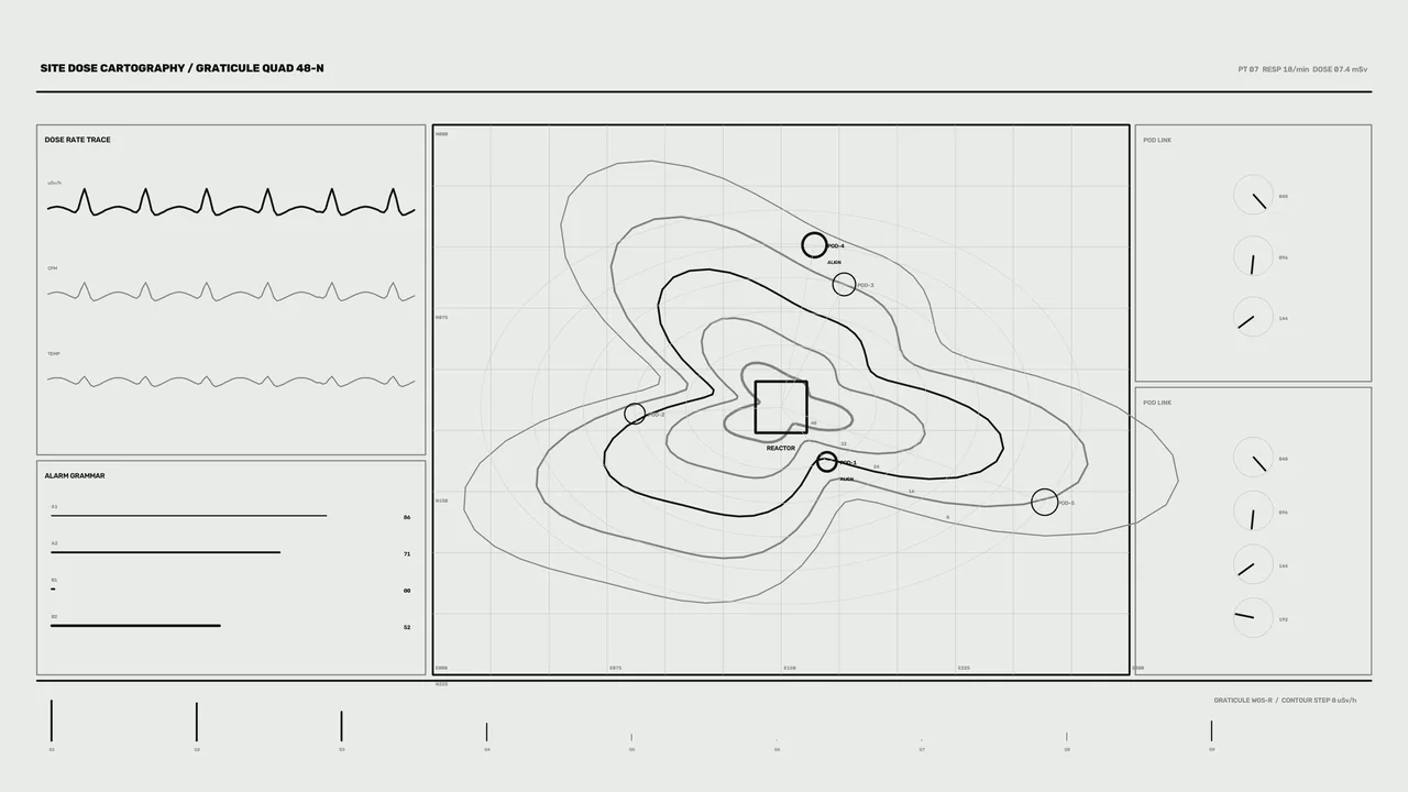 Reactor Radiation Monitoring HUD with Dose Contour Map | 4K Sci-Fi Wallpaper