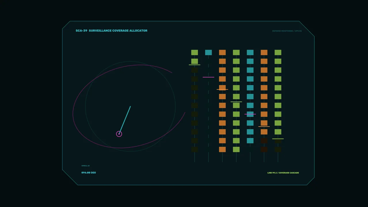 Sci-Fi Surveillance Coverage Allocator HUD with Radar Scope