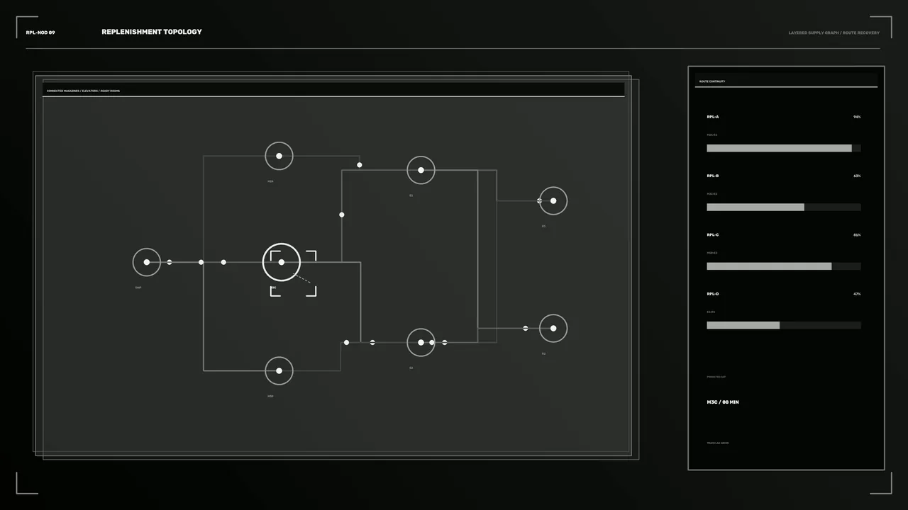 Replenishment Topology HUD with Node Network and Route Status Bars