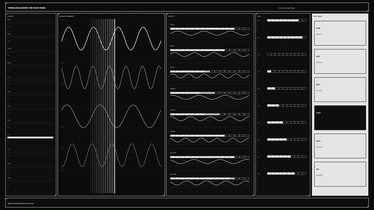 Sci-Fi Turbo Load Telemetry HUD with MW-MVAR Traces 4K Wallpaper
