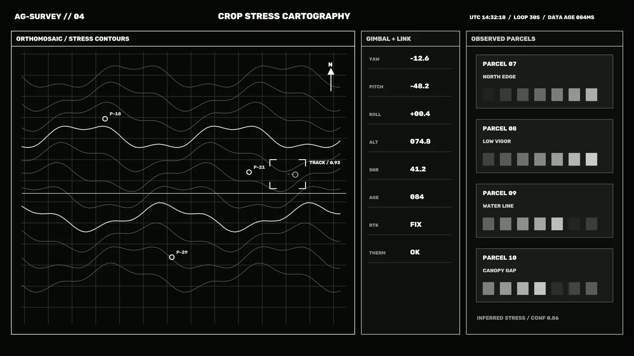 Monochrome Crop Stress Cartography HUD 4K Sci-Fi Wallpaper