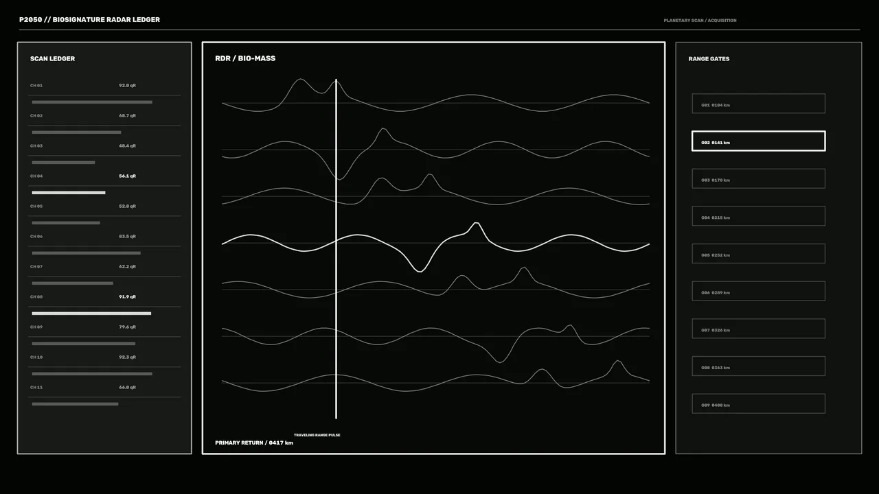 Monochrome Planetary Scan Acquisition HUD with Biosignature Waveforms 4K