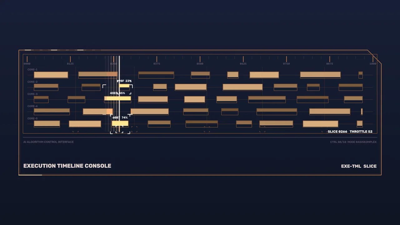 Sci-Fi HUD Execution Timeline Console with Core Telemetry Bars