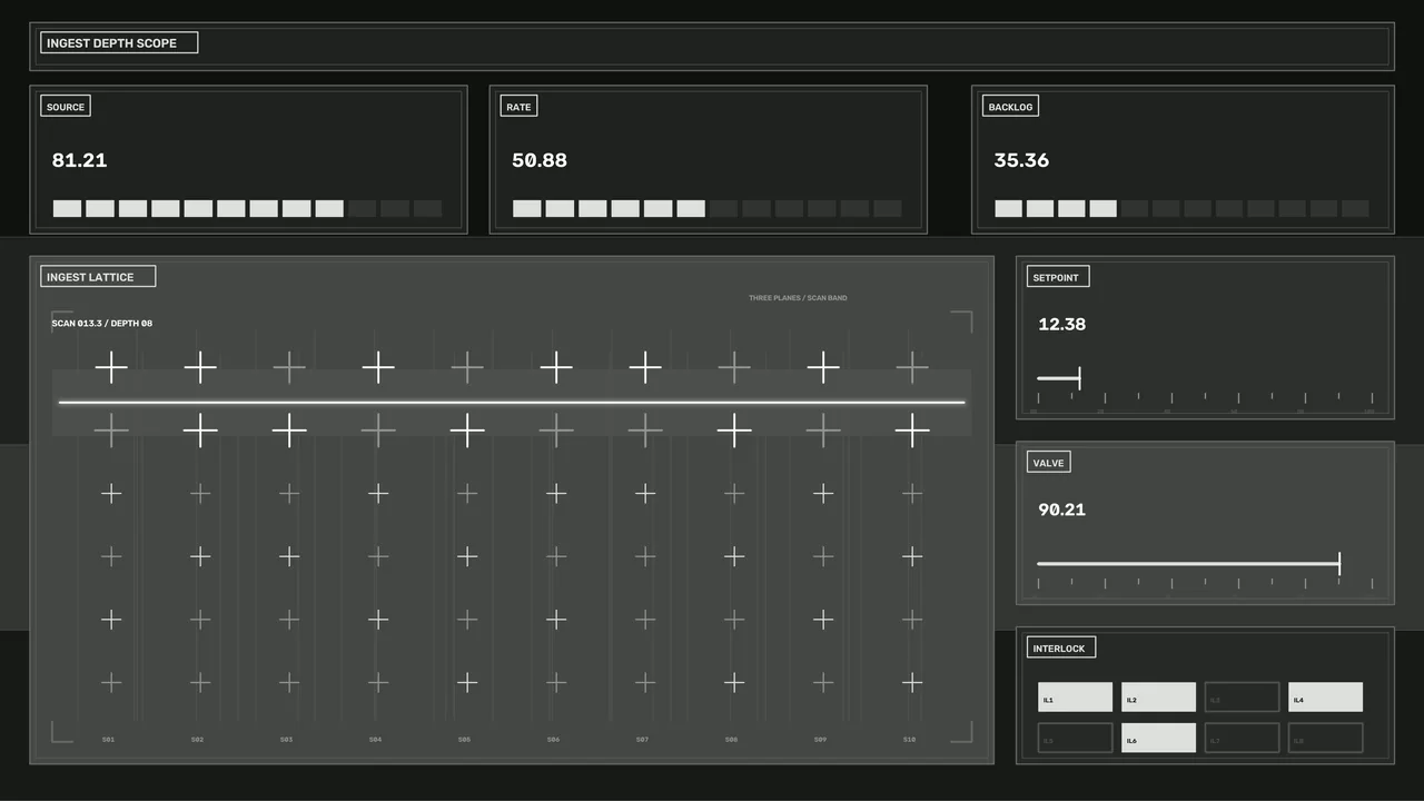 Sci-Fi Data Processing HUD Dashboard with Ingest Lattice