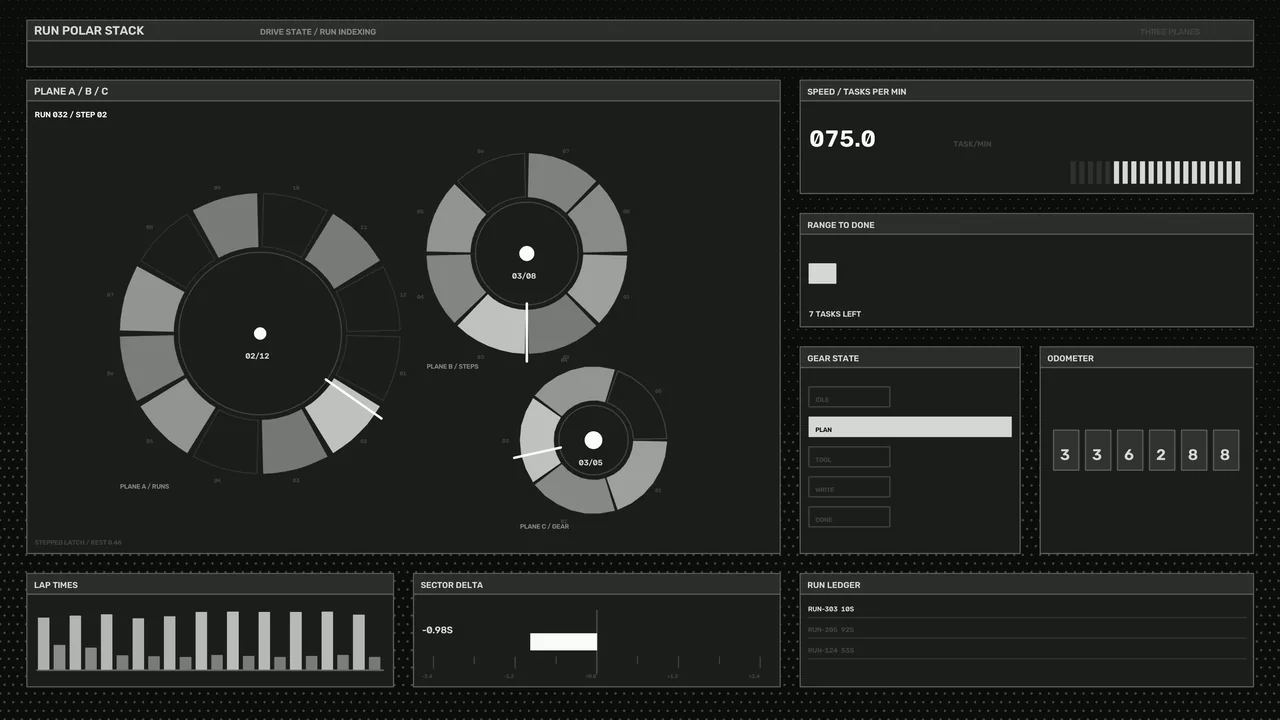 Monochrome Sci-Fi Task Dashboard HUD with Segmented Circular Gauges