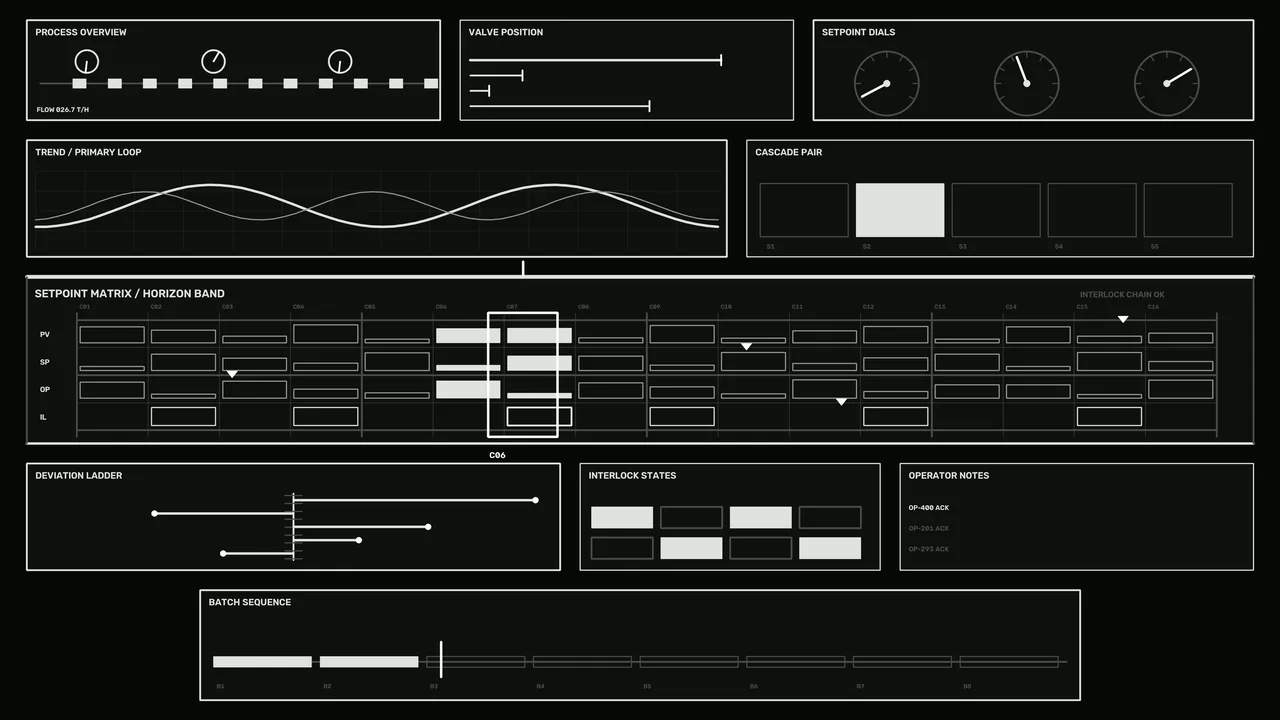 Industrial Process Control HUD Dashboard with Monochrome Telemetry Panels