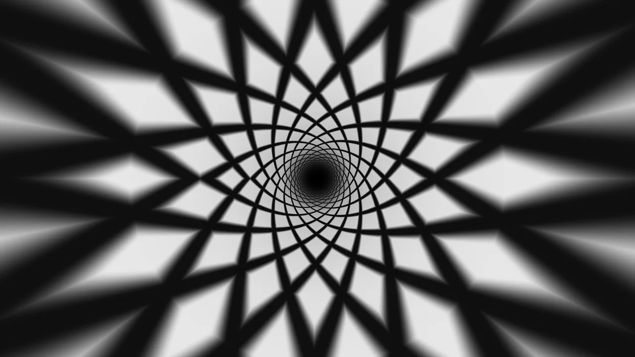 Monochrome Optical Illusion Tunnel with Interwoven Rings 4K Wallpaper