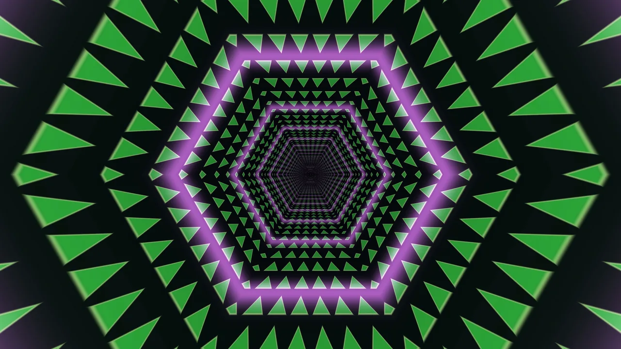 Green and Purple Hexagonal Triangle Tunnel 4K Wallpaper