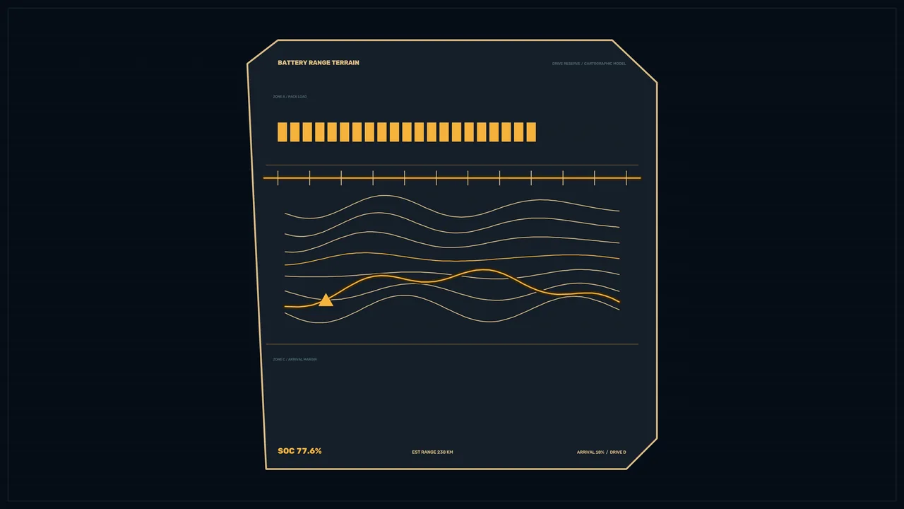 Sci-Fi Battery Range HUD Dashboard with Segmented Meter and Telemetry Graphs 4K
