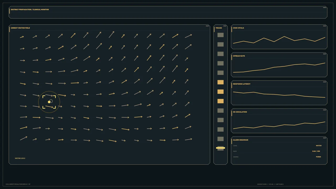 Fictional Unrest Vector Monitoring HUD with Telemetry Panels