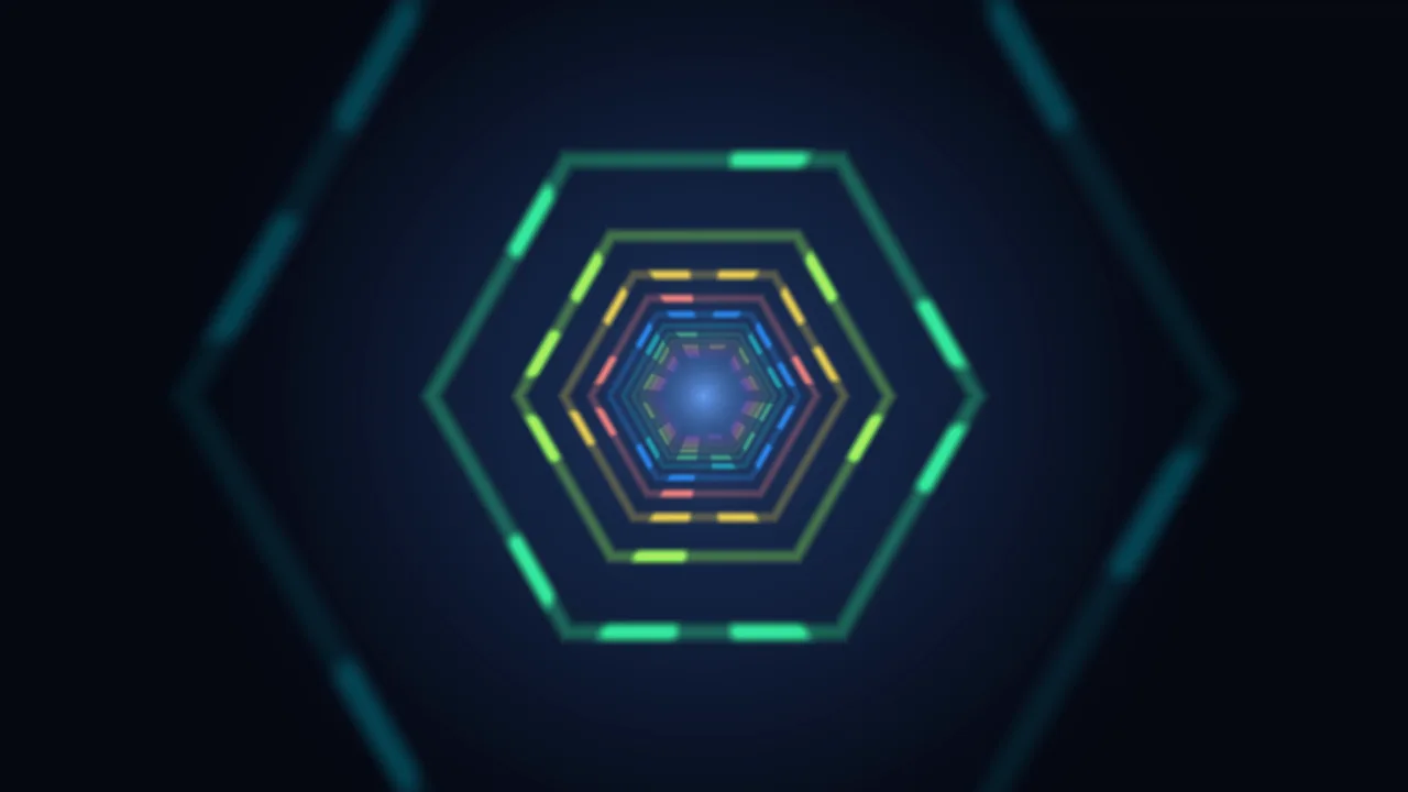 Neon Hexagonal Tunnel with Concentric Segmented Rings