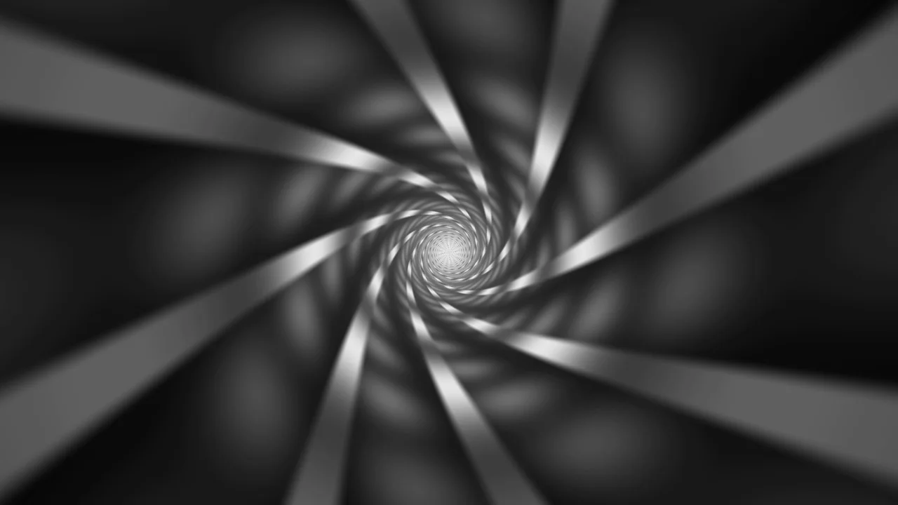 Monochrome Twisting Tunnel with Radial Light Bands 4K Wallpaper