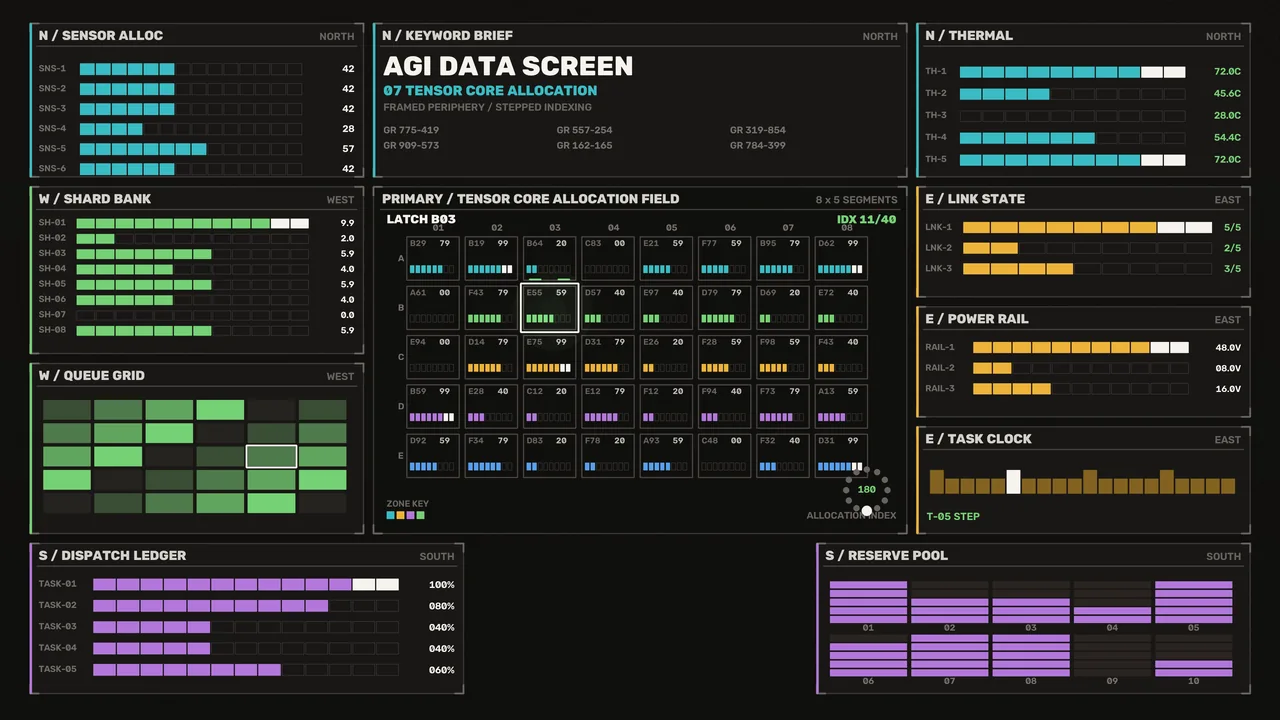Futuristic Data Allocation HUD with Sensor, Thermal and Power Dashboards