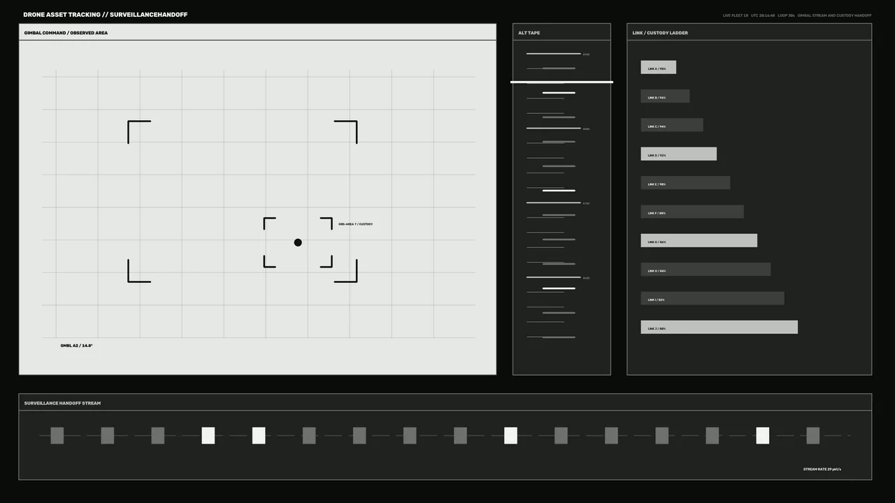 Monochrome Sci-Fi Tracking HUD with Grid Scanner and Telemetry Panels