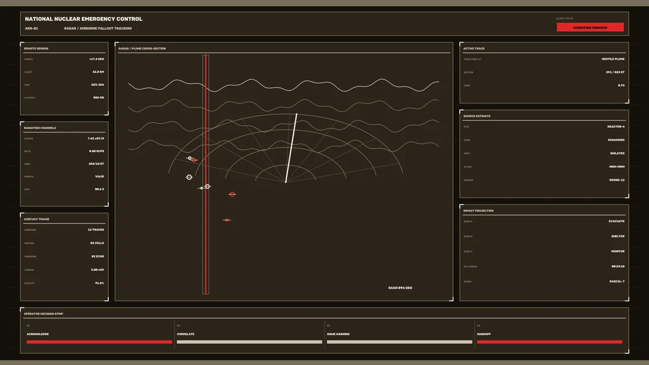 Fictional Nuclear Emergency Tracking HUD Interface 4K Wallpaper