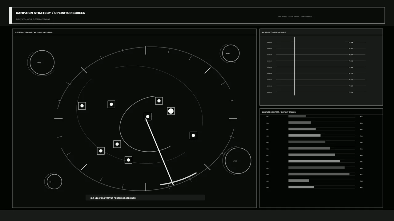 Campaign Strategy Operator Screen HUD with Radar and Telemetry Dashboard
