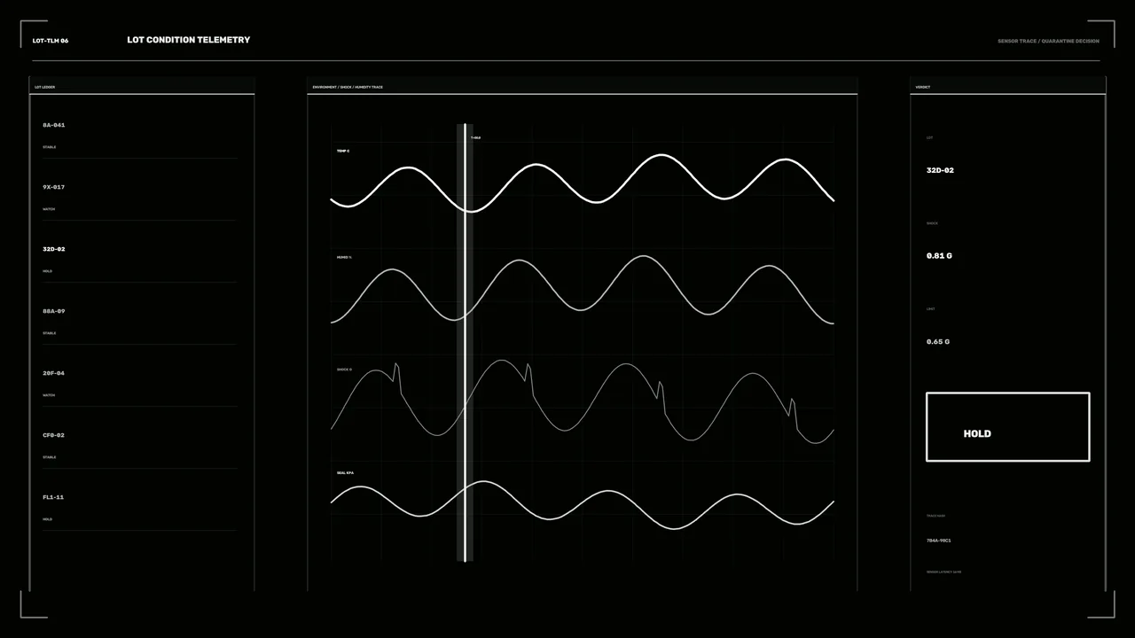 Industrial Lot Condition Telemetry HUD with Waveform Dashboard, 4K Sci-Fi