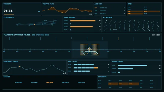 Maritime Heading Display HUD with Telemetry Charts and Cyan-Orange Instruments 4