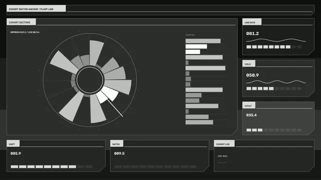 Industrial Analytics Dashboard HUD with Radial Gauge and Telemetry Panels 4K