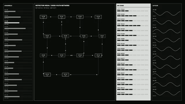 Sci-Fi Radiation Sensor HUD with Detector Mesh and Q-Flux Telemetry