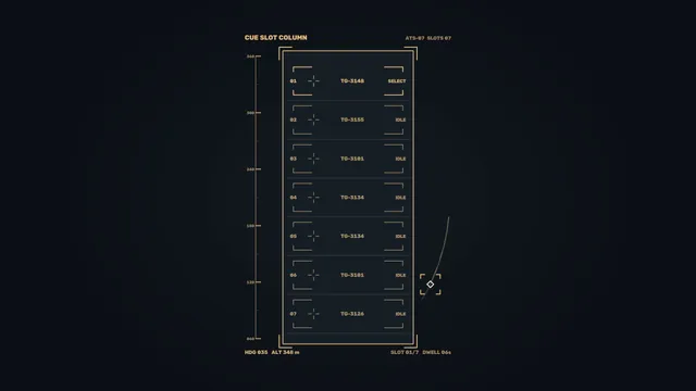 Fictional Amber Cue-Slot Selection HUD with Telemetry Scale – 4K Wallpaper