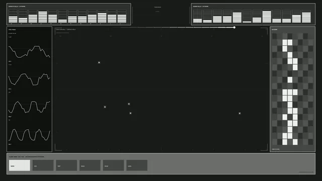 Monochrome Sci-Fi Telemetry Dashboard HUD with Trace Graphs and B-Scope