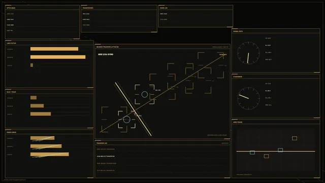 Amber Science-Fiction HUD Dashboard with Bearing Lattice and Telemetry Gauges