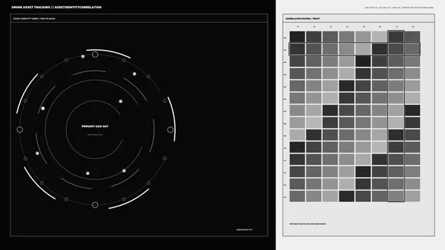 Drone Asset Tracking HUD with Orbital Scanner and Correlation Matrix