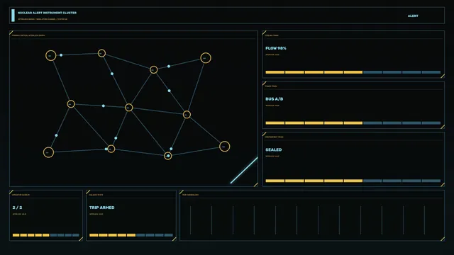 Industrial Control Alert HUD with Interlock Graph and Status Panels