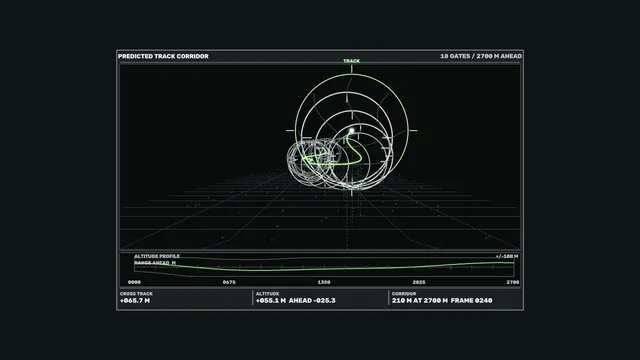 Predicted Track Corridor Sci-Fi HUD with Green Wireframe Scanner and Altitude Рr