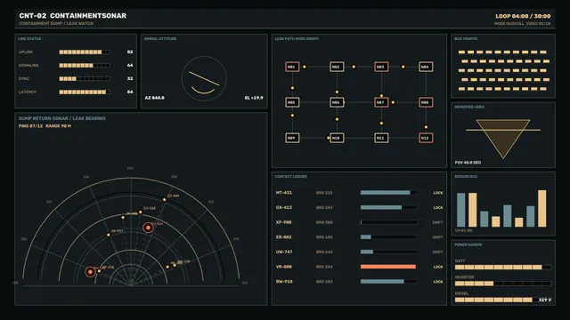 Industrial Sonar Monitoring HUD with Leak Map and Telemetry Dashboard