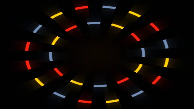 4K Abstract Radial Tunnel with Red, Yellow and Pale Blue Light Rings