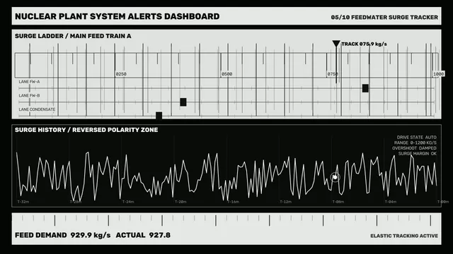 Fictional Nuclear Plant Feedwater Surge Tracker HUD Dashboard 4K Wallpaper