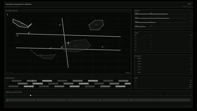 Monochrome Drone Airspace Monitoring HUD with Geofence Map and Telemetry Panels