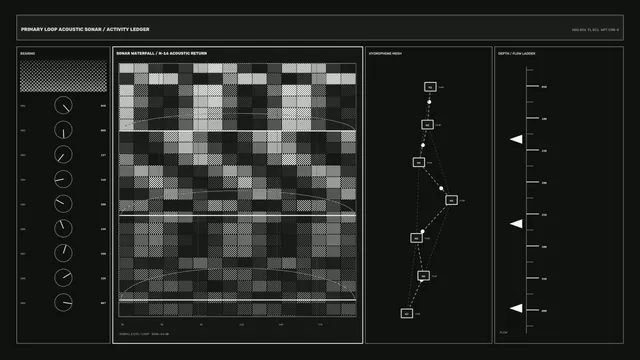 Monochrome Sonar Monitoring HUD with Acoustic Waterfall 4K Wallpaper