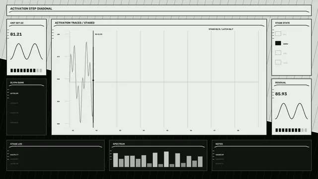 Monochrome Sci-Fi HUD Dashboard with Activation Trace and Spectrum Panels