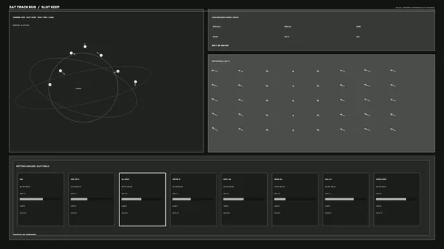 Satellite Orbital Tracking HUD Dashboard with Map, Vector Field and Slot Table |