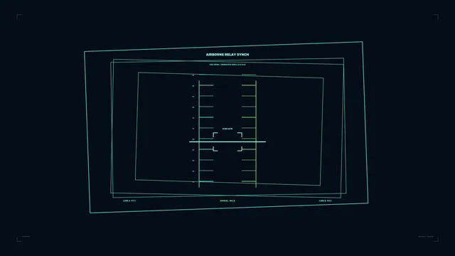 Airborne Relay Sync Telemetry HUD with Teal Wireframe Display