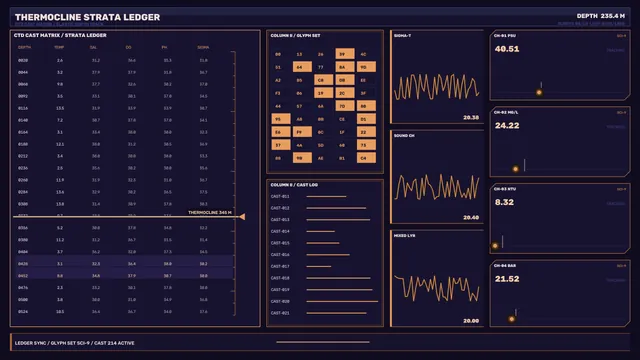 Scientific Telemetry HUD Dashboard with Data Matrices, Waveform Panels and Amber