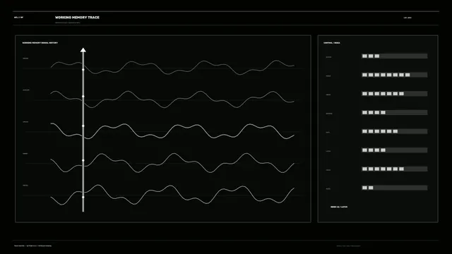 Sci-Fi Working Memory Telemetry HUD with Waveform Traces and Index Bars