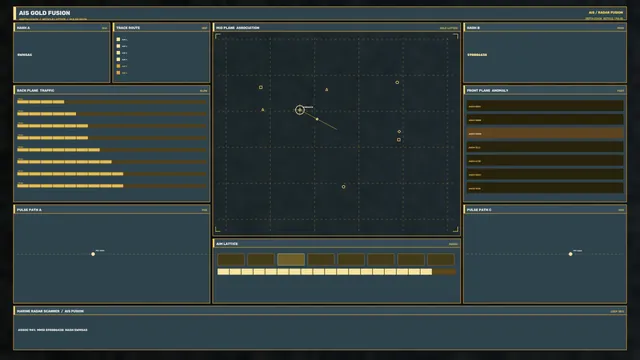 Maritime Radar Tracking HUD with Gridded Association Map and Amber Telemetry, 4K