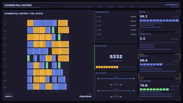 Sci-Fi HUD Dashboard with Cavern Fill Matrix and Telemetry Panels